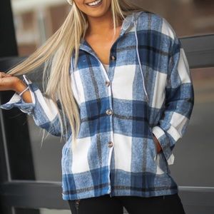 Blue Plaid Shacket with hood- Large- Like new